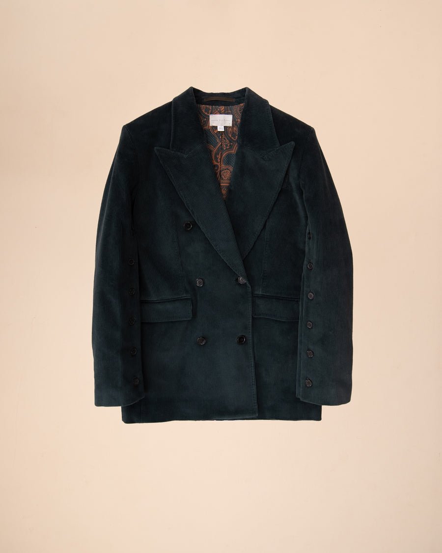 The Cyrus Corduroy Double Breasted Blazer In Emerald