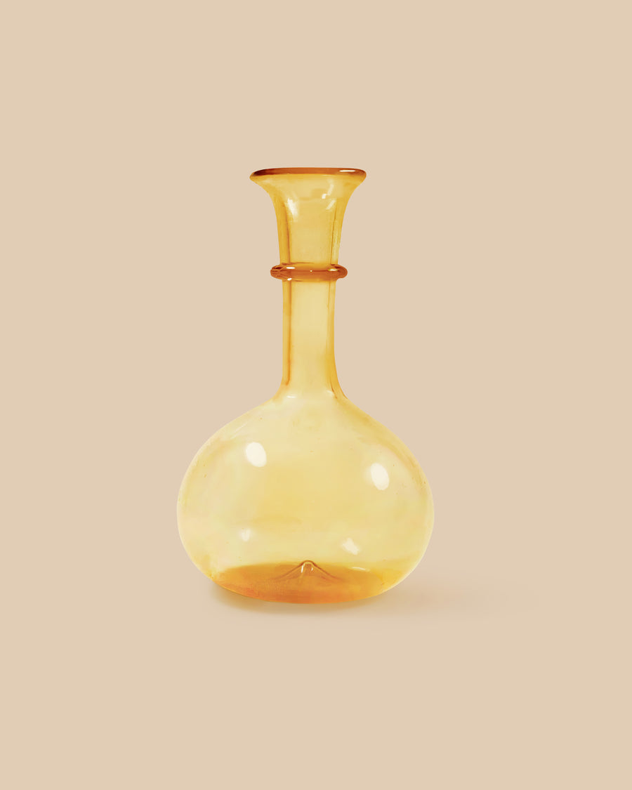 elegant hand blown artisan amber-colored round glass decanter