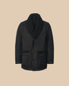 mens black oversized lightweight fully reversible shearling and suede coat with shawl collar and large pockets