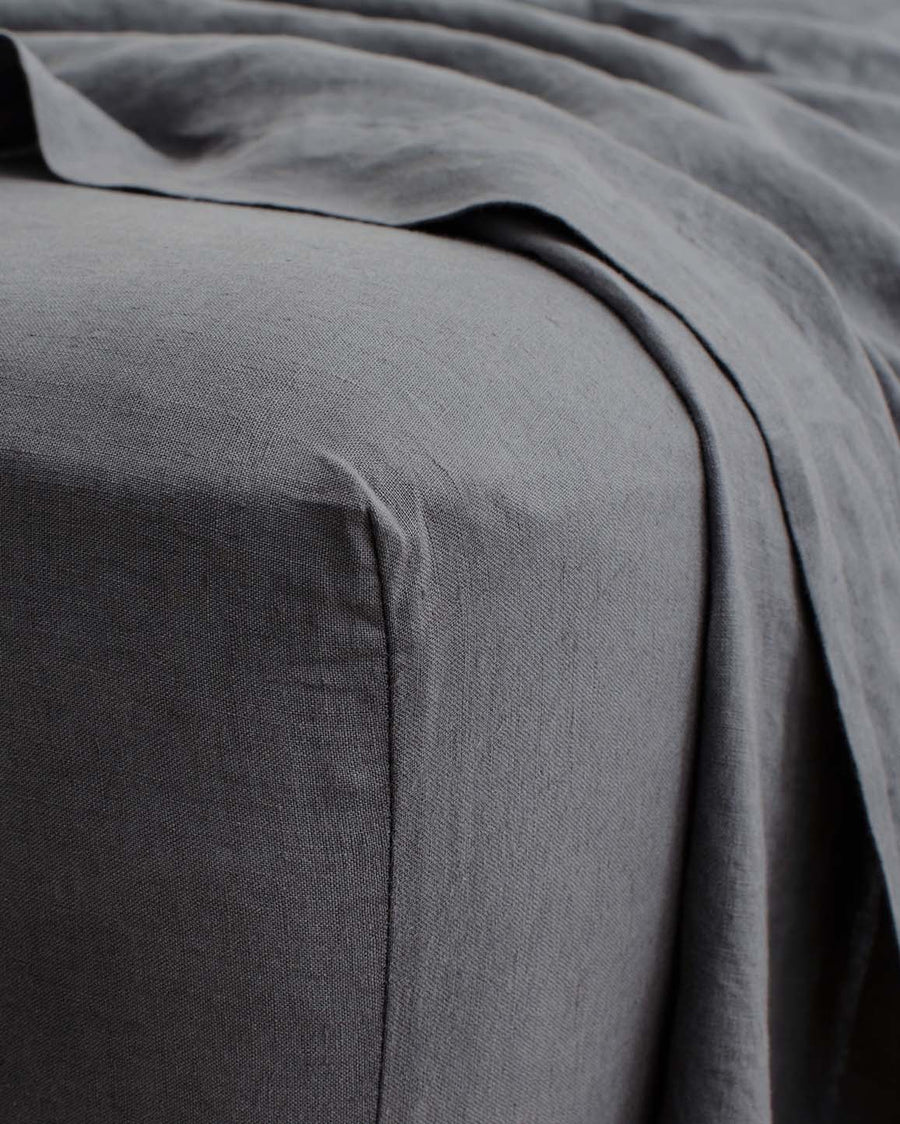 pre-washed slate colored linen sheets + pillowcases