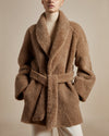 women's taupe reversible lightweight shearling jacket with shawl collar, belt, and raglan sleeve