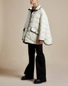 women's reversible ivory water-resistant quilted shirt jacket with contrast stitching exaggerated A-line shape 