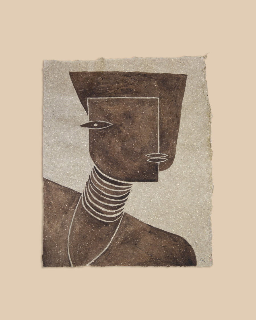 Watercolour on grey handmade paper by Hermentaire, a dark brown figure with a square head, a single eye and a neck ringed in fine white coils