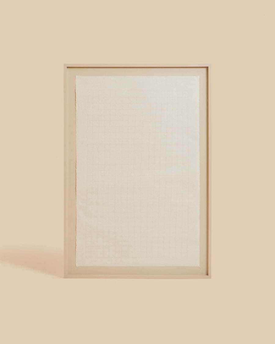 Untitled II by Jennie Edgar, silk thread stitched into a soft grid across beige kozo paper, floated in a pale frame