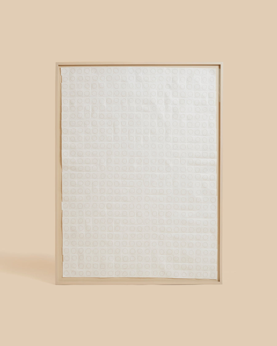 Untitled I by Jennie Edgar, hand-stitched silk thread worked in a fine grid across beige kozo paper, floated in a pale frame