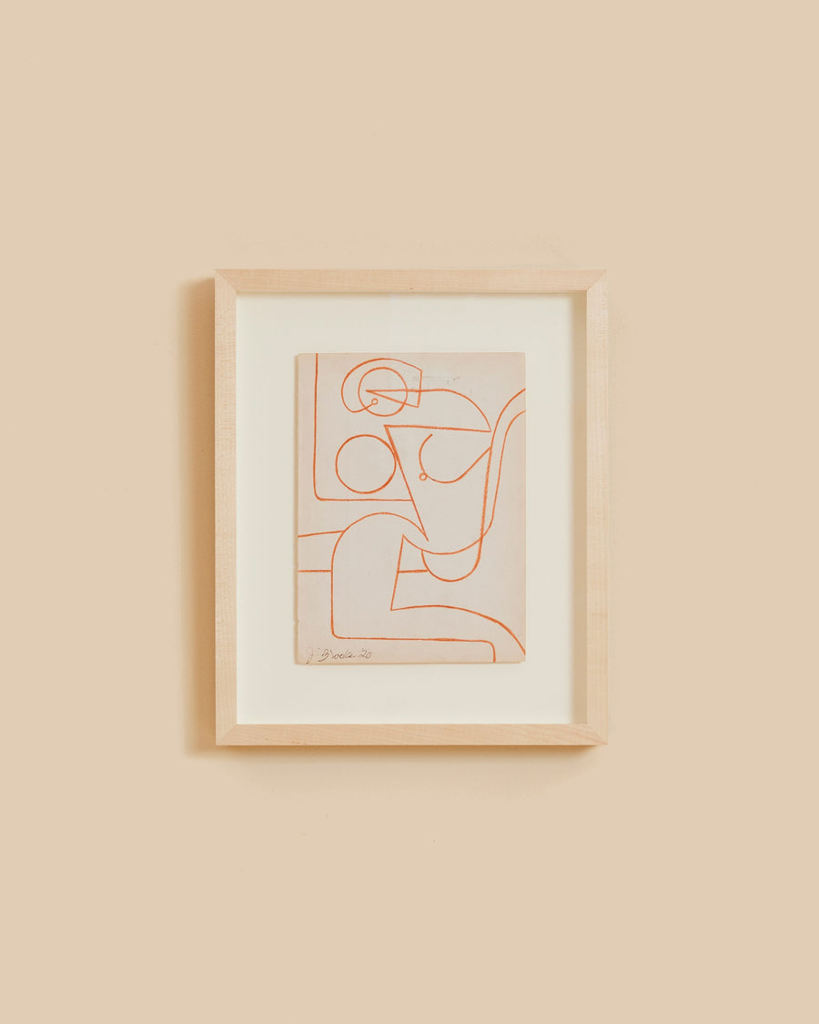 Fo’s ruler 9 by Jessalyn Brooks, a Cubist female form drawn in red pencil over a page of vintage book text, signed and framed in oak