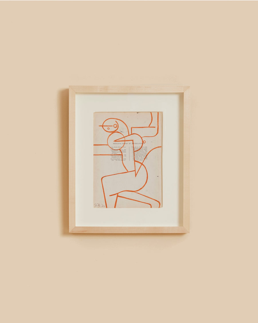 Fo’s ruler 8 by Jessalyn Brooks, a Cubist female form drawn in red pencil over a page of vintage book text, signed and framed in oak
