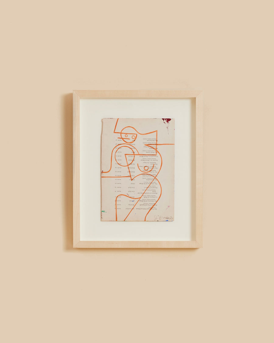 Fo’s ruler 10 by Jessalyn Brooks, a Cubist female form drawn in red pencil over a page of vintage book text, signed and framed in oak