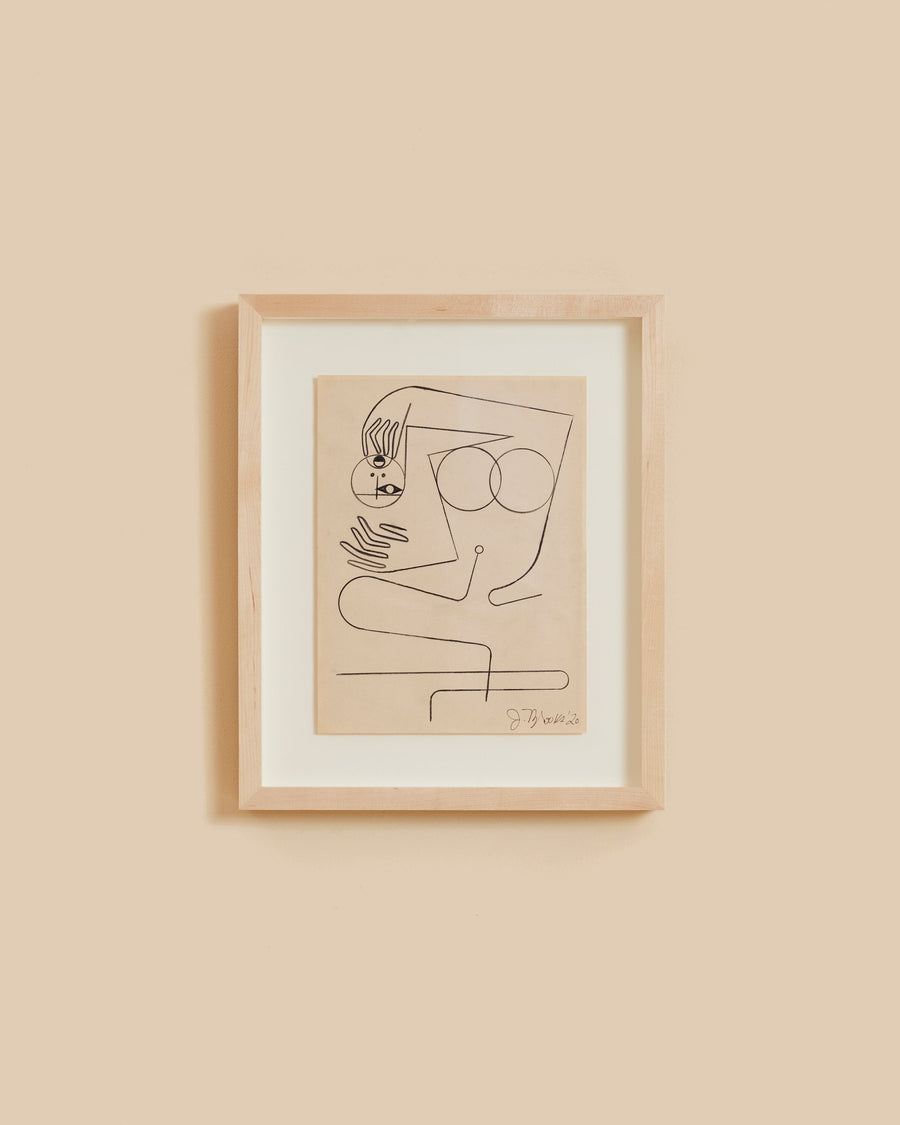 Gift I by Jessalyn Brooks, a fine pencil line drawing of a figure on warm tan paper, framed in pale oak