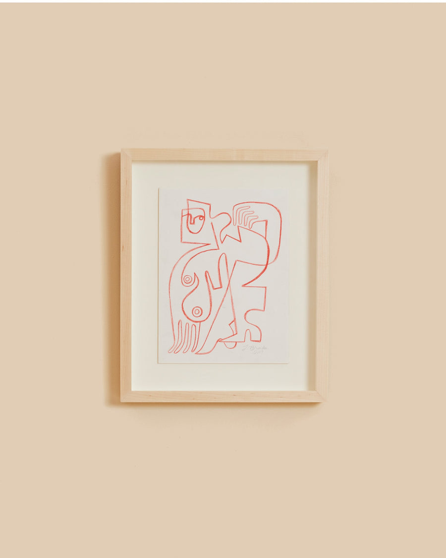 Untitled 23 by Jessalyn Brooks, a red line drawing of a seated figure in a pale oak frame on a wide white mount