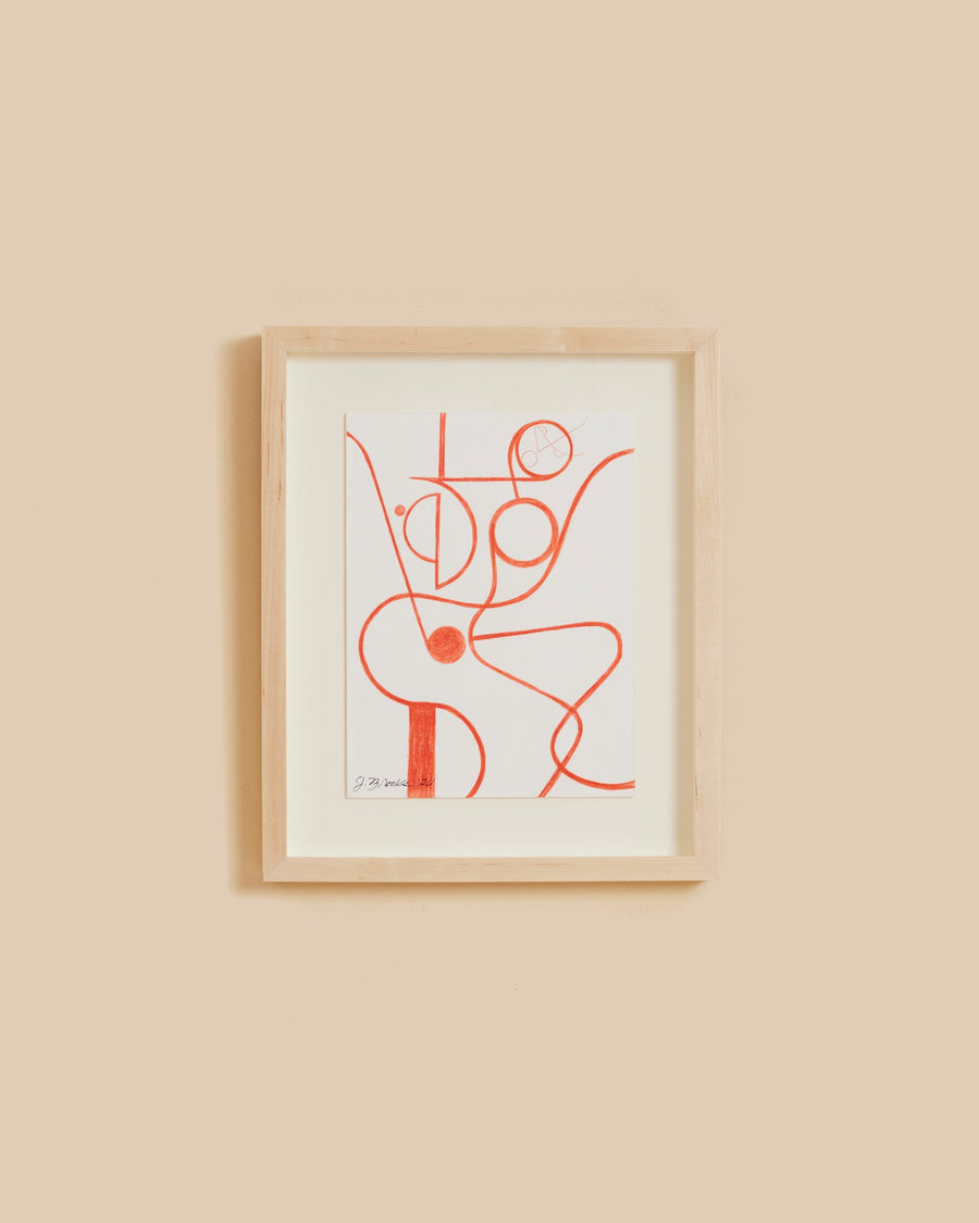Fo’s Ruler 12 by Jessalyn Brooks, a Cubist female form drawn in red pencil over a page of vintage book text, signed and framed in oak