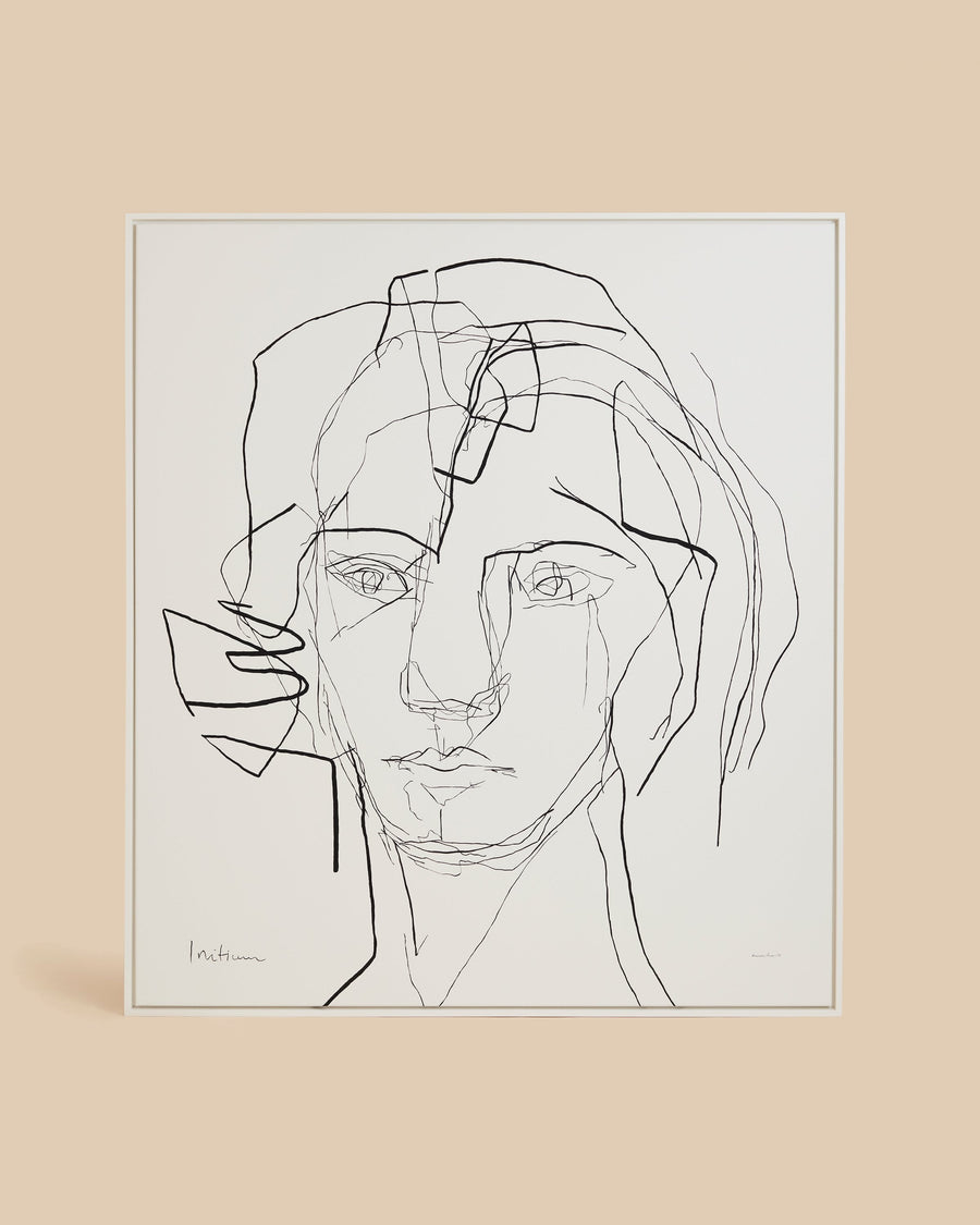 Initium by Luciana Ame, a large face drawn in one continuous black acrylic line on white canvas, signed and framed