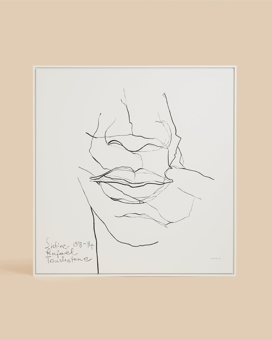 Sistine by Luciana Ame, a large black and white figurative drawing of a face and hand in continuous black line on white canvas, inscribed and signed in the lower corner