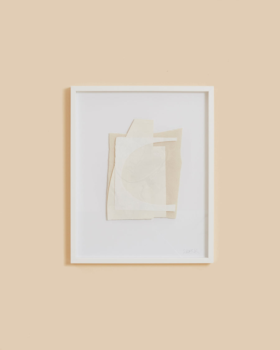 White Noise 1 by Sophie Klerk, a pale paper collage in a white box frame, overlapping cream forms in low relief