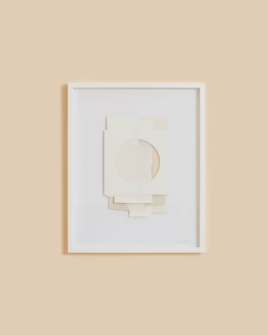 White Noise 2 by Sophie Klerk, a pale paper collage in a white box frame, a cut circle set among layered cream planes