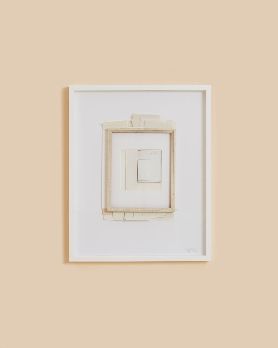 White Noise 3 by Sophie Klerk, a pale paper collage in a white box frame, a raised rectangular form built from folded cream paper