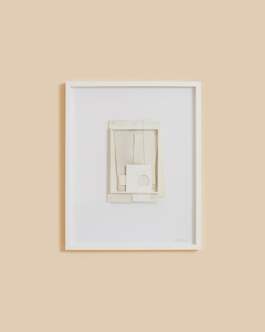 White Noise 4 by Sophie Klerk, a pale paper collage in a white box frame, cut and folded forms layered in cream and bone