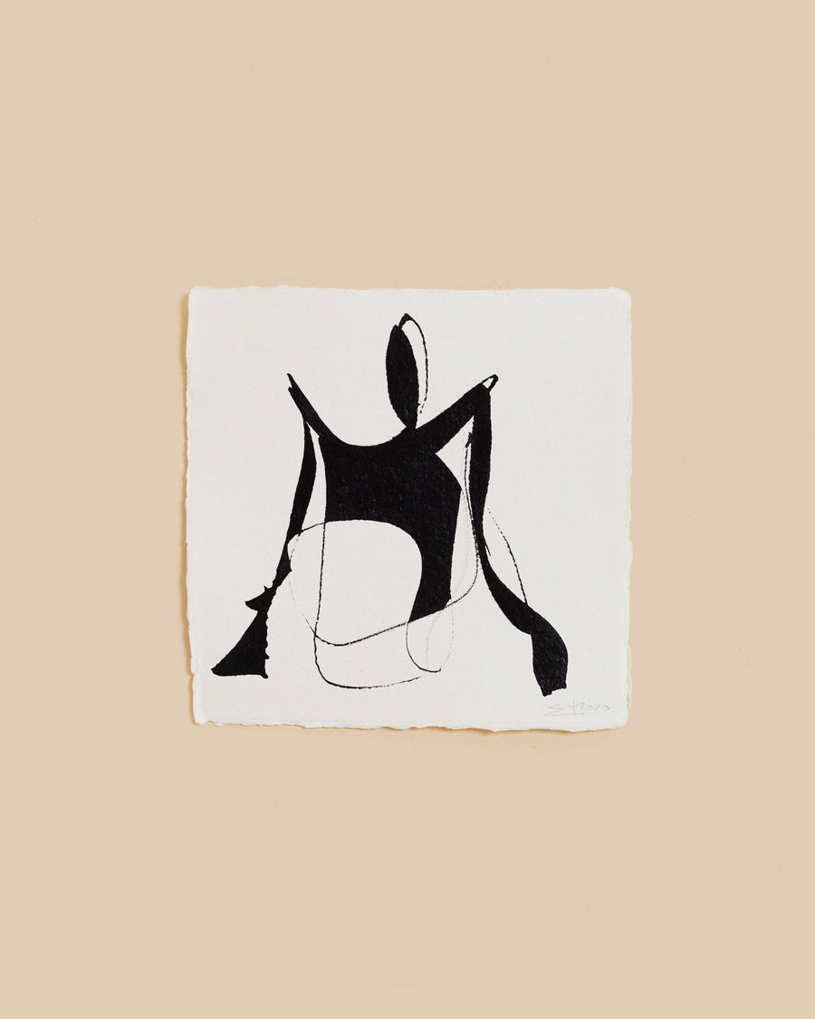 Cobra by Steph Psarros, ink on white deckle-edged paper, a seated figure with head tilted back and arms reaching out to either side