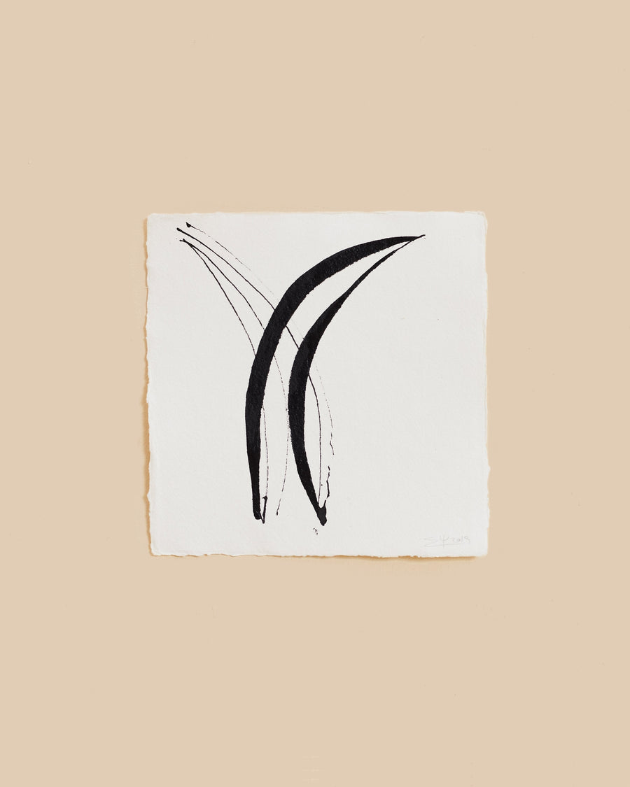Stretch by Steph Psarros, ink on white deckle-edged paper, two long black strokes curving upward like grasses