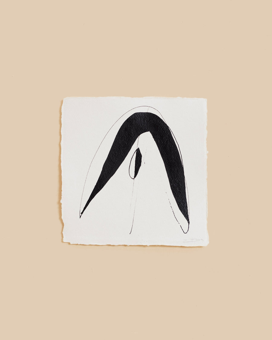 Twist by Steph Psarros, ink on white deckle-edged paper, a broad black arc above fine pencil lines with a small seed form at its centre