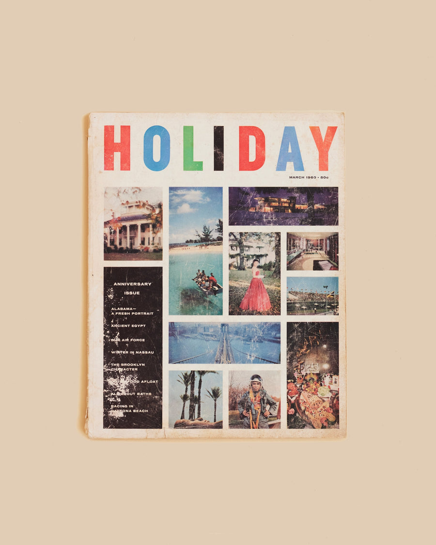 Vintage Holiday Magazine March 1960, with a grid of small travel photographs across the cover