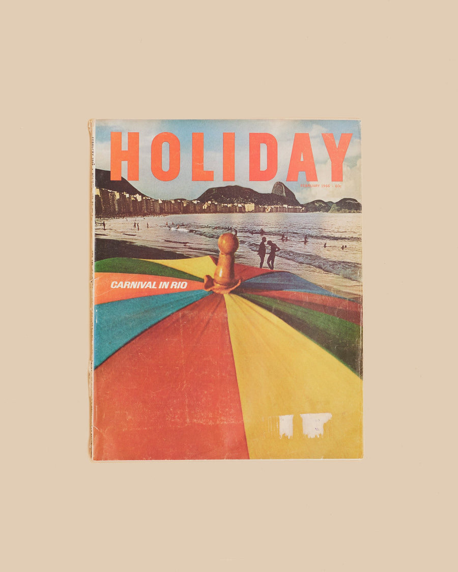 Vintage Holiday Magazine February 1966, a Carnival in Rio issue with a rainbow-striped parasol on Copacabana beach