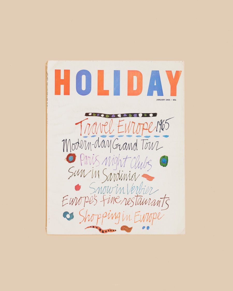 Vintage Holiday Magazine January 1965, a Travel Europe issue with the contents hand-lettered in colour across the cover
