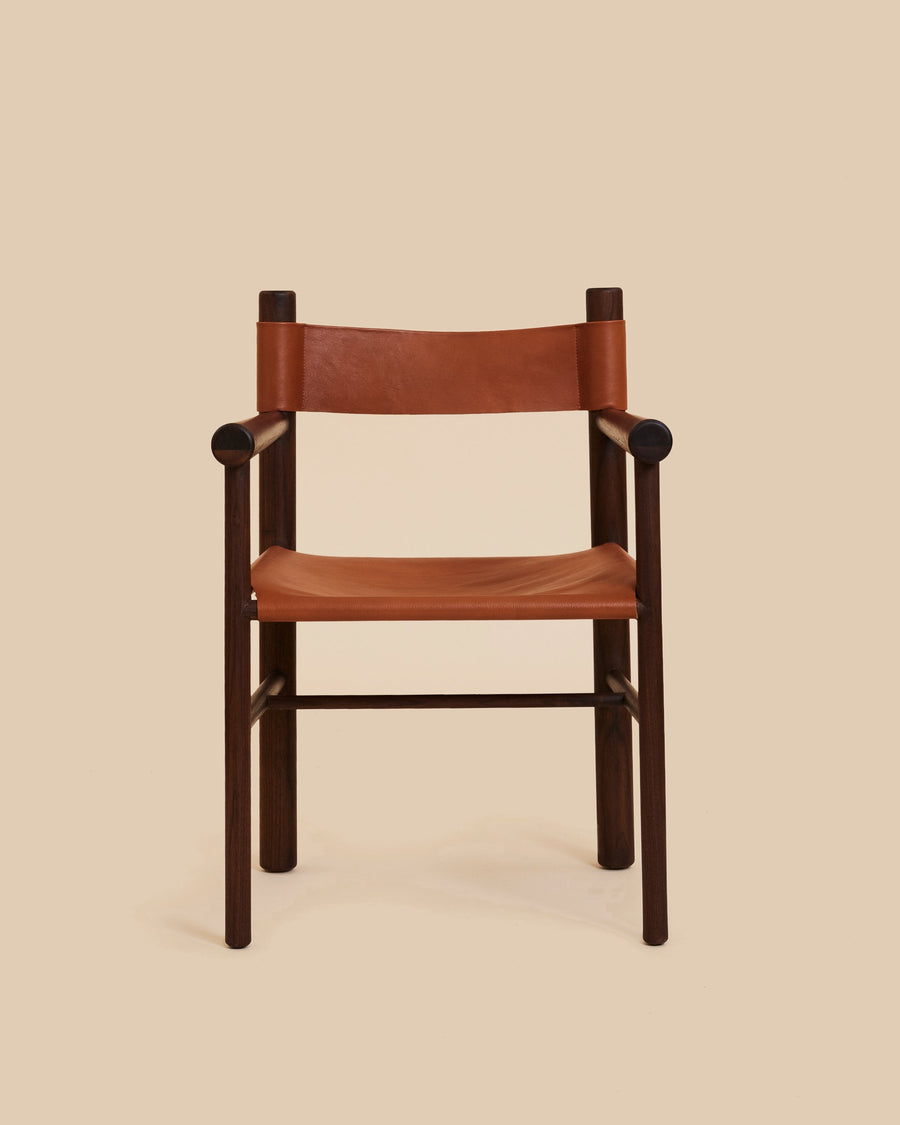 turned walnut wood accent armchair with cognac leather sling seat and backrest