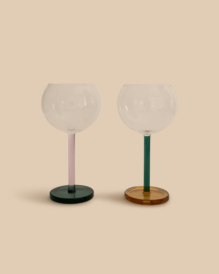 Sophie Lou Jacobsen Bilboquet Wine Glasses in playful mismatched colors, showcasing a refined yet fun design, perfect for both casual and festive wine moments.