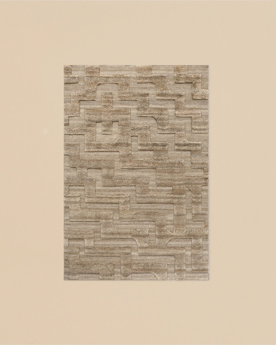 all natural European wool textured pile boho rug in brown mix with geometric patterns