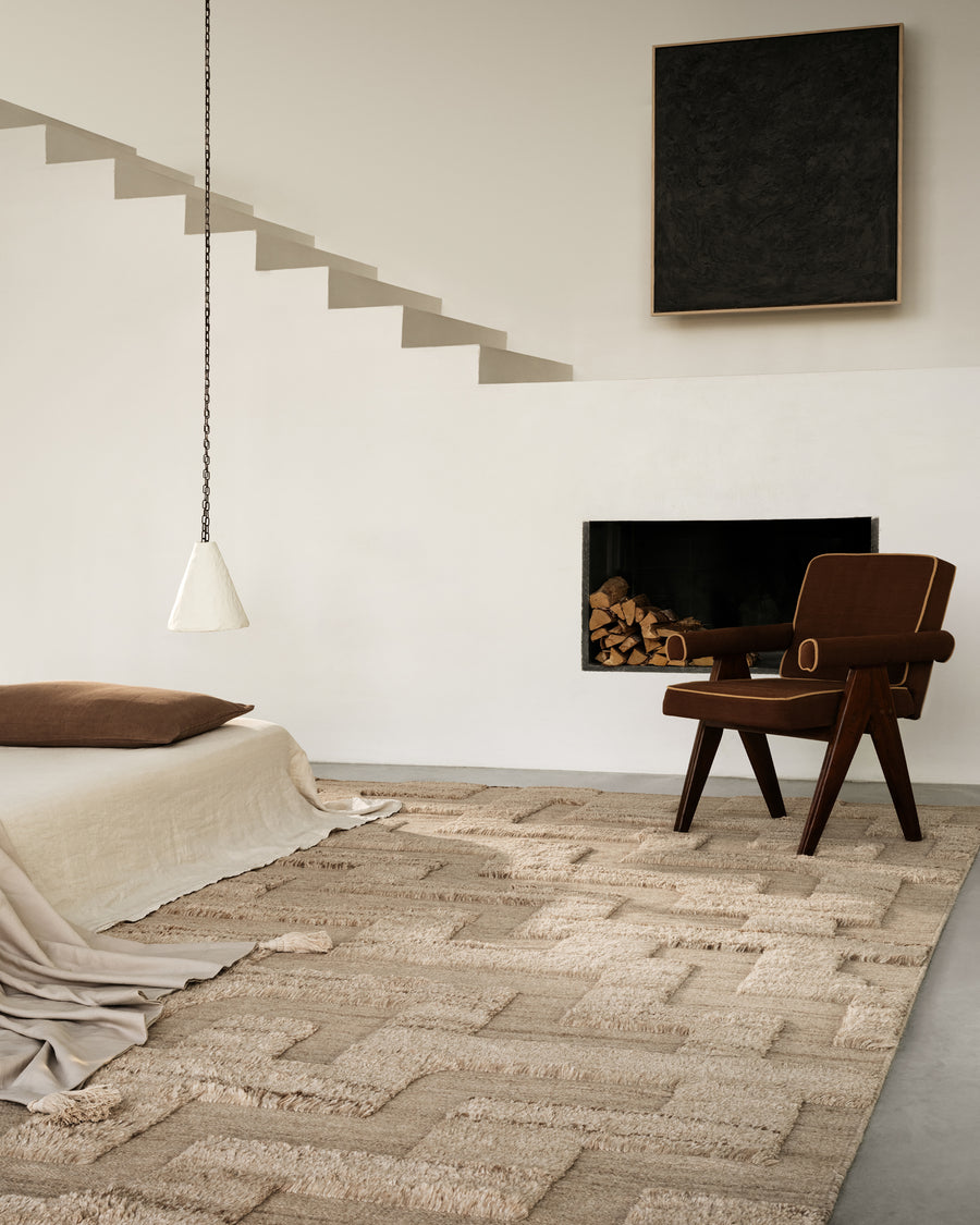all natural European wool textured pile boho rug in sand melange with geometric patterns 