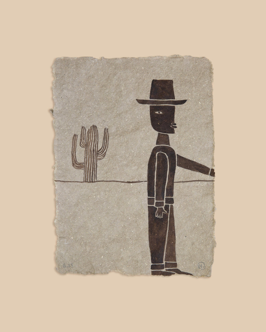 Watercolour on grey handmade paper by Hermentaire, a standing figure in a wide-brimmed hat facing a cactus across a thin horizon line
