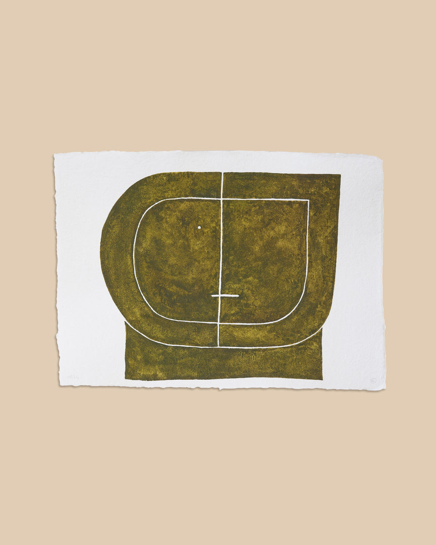 Watercolour on white deckle-edged paper by Hermentaire, an olive-green rounded form divided by a single fine white line that resolves into two facing profiles