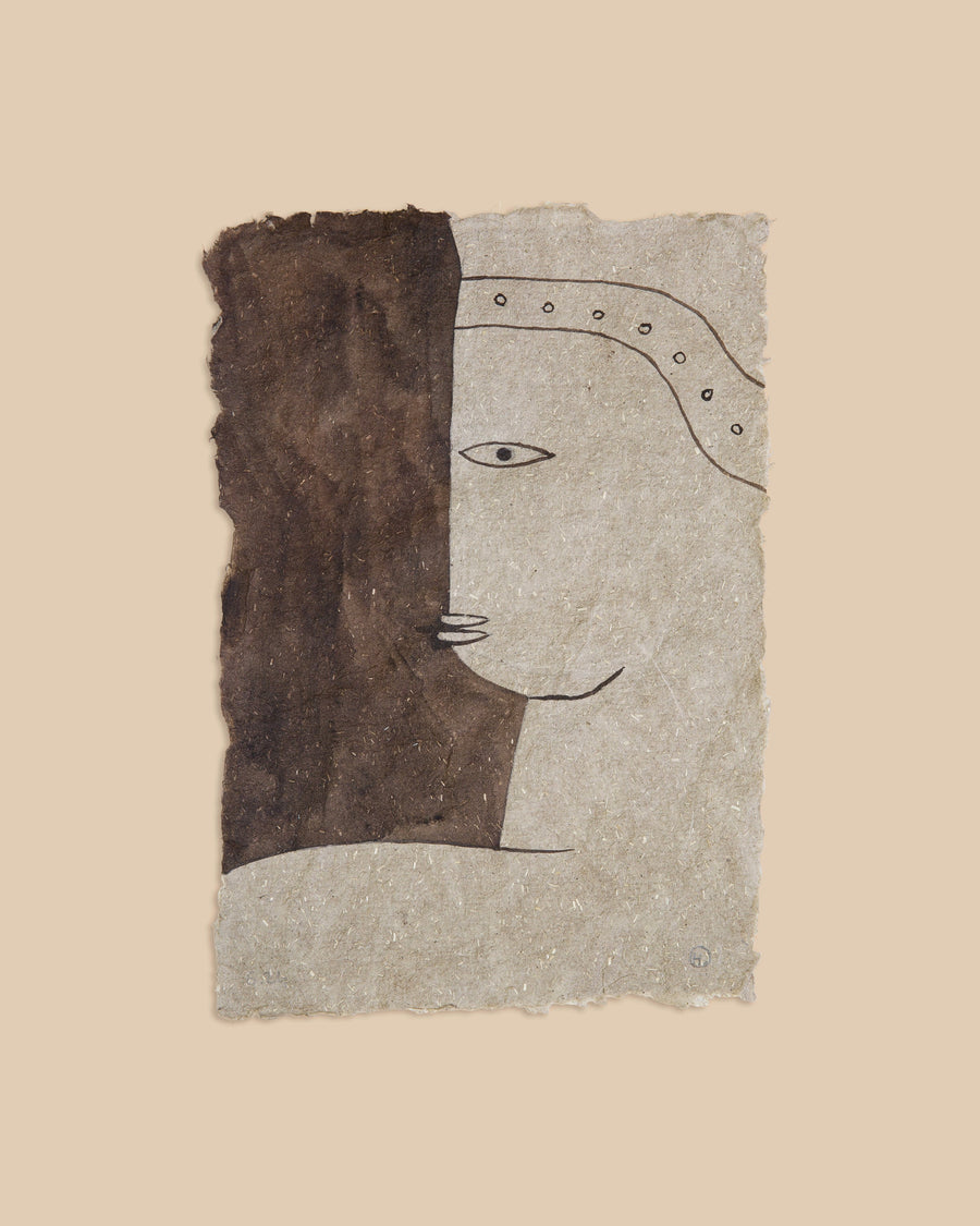 Watercolour on grey handmade paper by Hermentaire, a profile face beside a dark brown wash, a dotted line arcing overhead like a crown