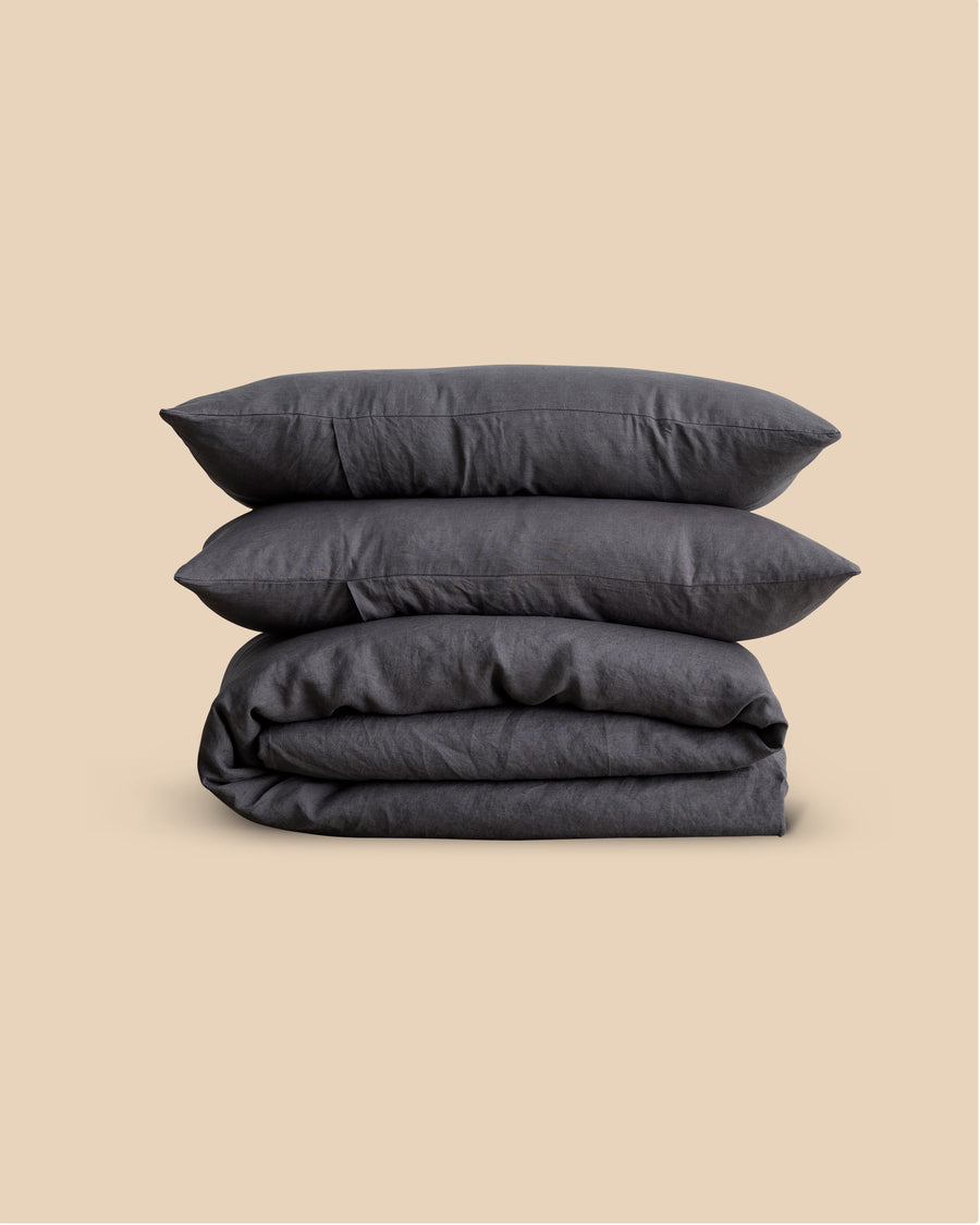 pre-washed slate colored linen duvet cover and pillowcases 