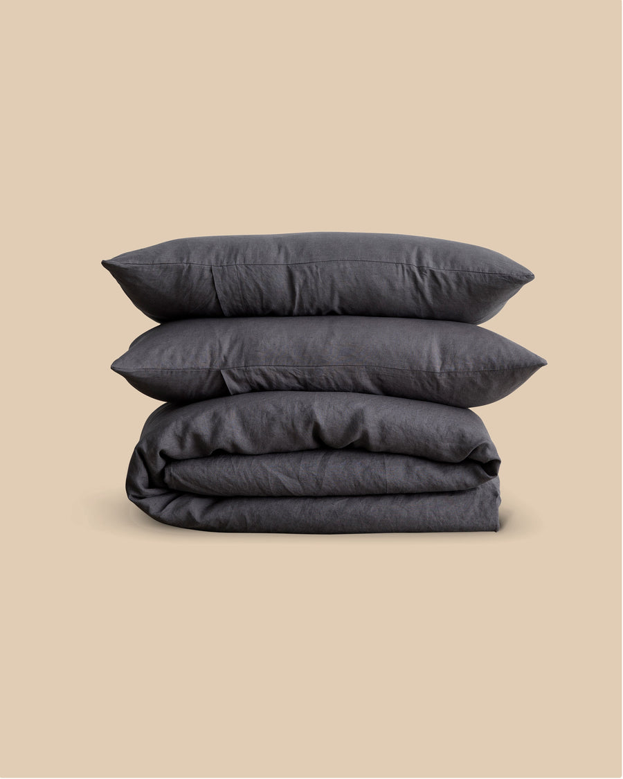 pre-washed slate colored linen duvet cover and pillowcases