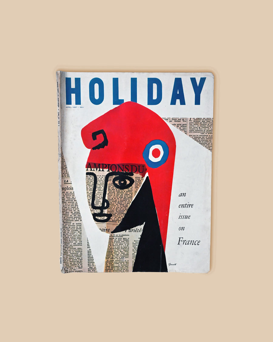 Vintage Holiday Magazine France April 1957, an entire issue on France with a collaged face in a red cap over newsprint
