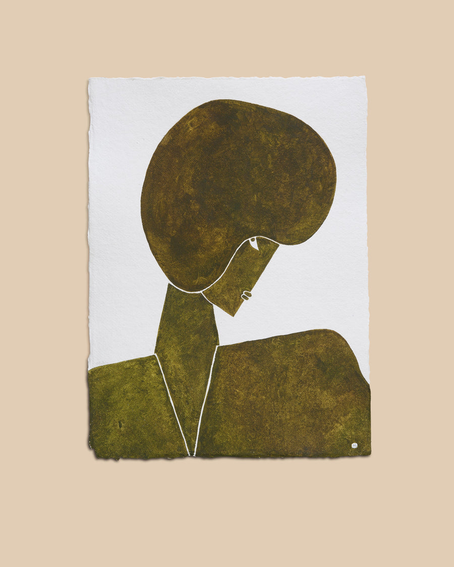 Watercolour on white deckle-edged paper by Hermentaire, an olive-green figure in profile, the rounded head and shoulders drawn in one continuous contour