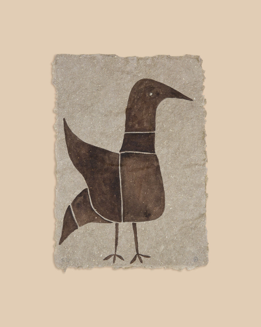 Watercolour on grey handmade paper by Hermentaire, a dark brown bird in profile with a raised wing and fine legs