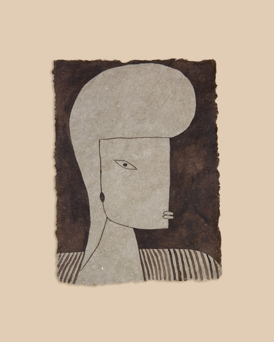 Watercolour portrait in profile on handmade deckle-edged paper by Hermentaire, a pale face and single almond eye set against a dark brown wash, with a striped garment across the shoulders