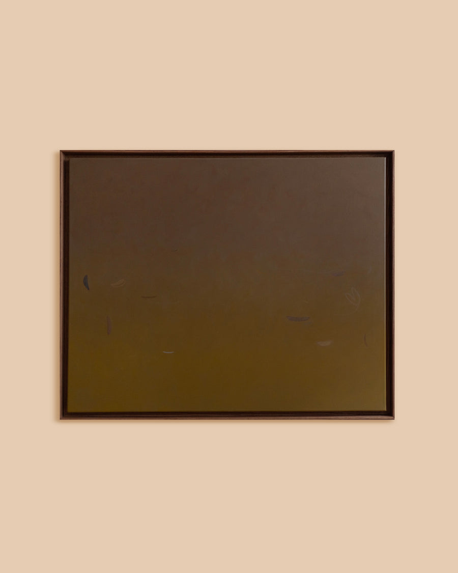 Abstract acrylic painting titled "Terra" by Rebecca von Matérn, showcasing warm golden and ochre hues with subtle gradients, framed in amber-tinted oak. The piece embodies warmth, grounding, and a peaceful connection to the earth.

