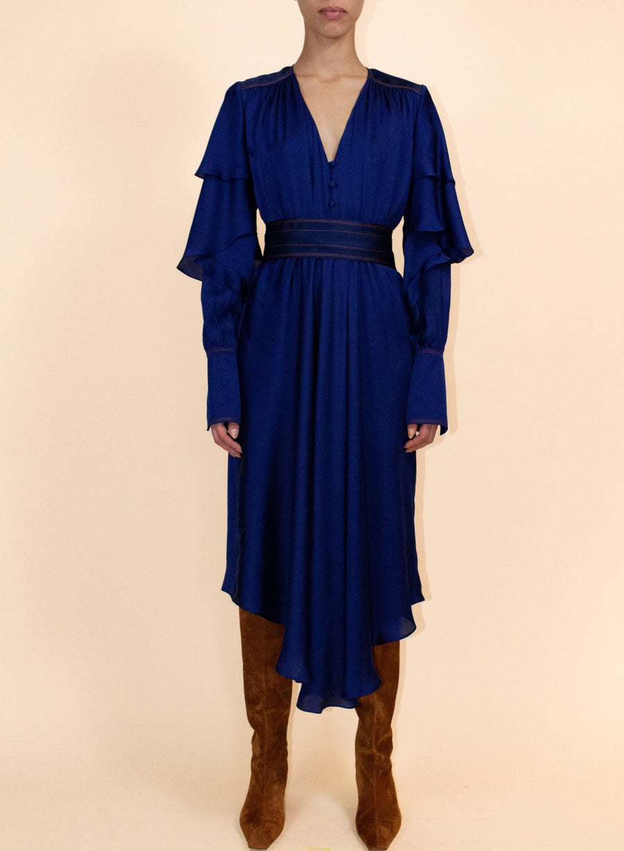 The Celeste Ruffle Sleeve Dress In Cobalt