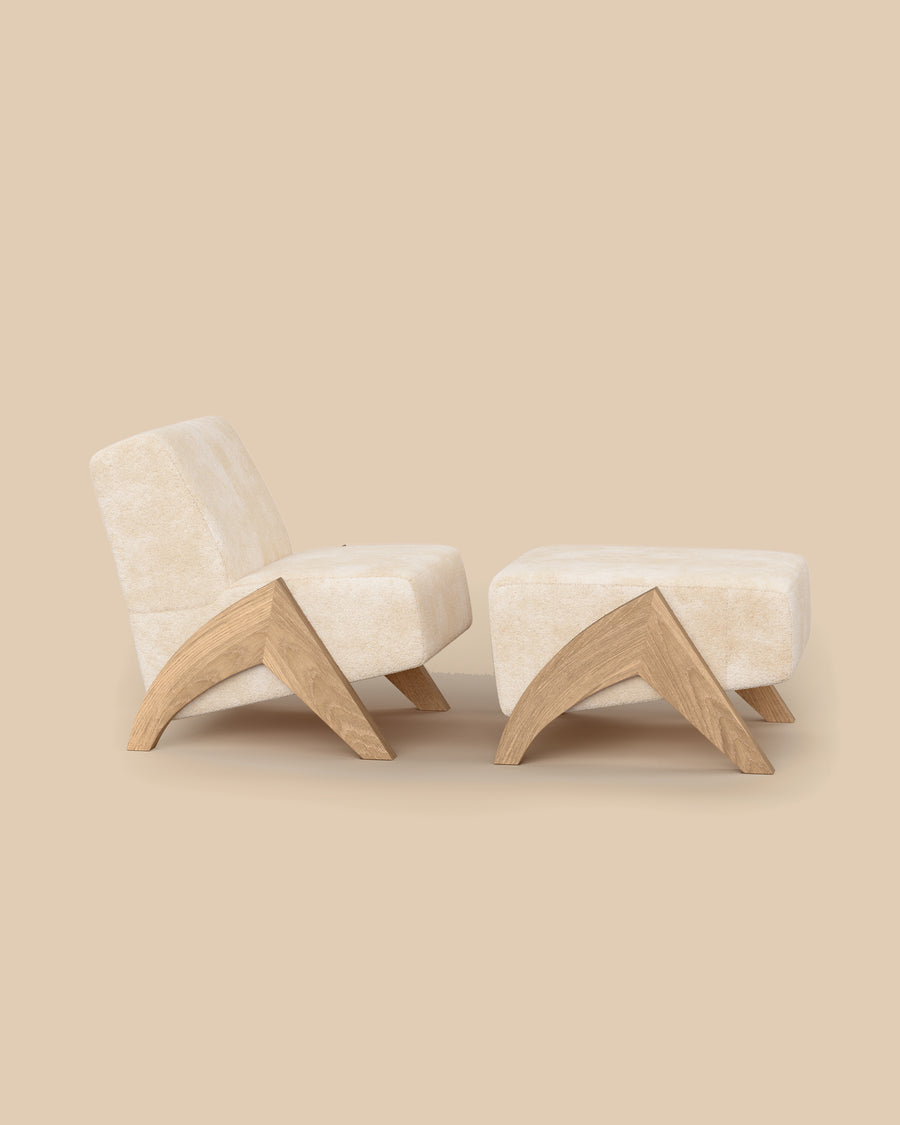 Enzo Shearling Chair and Ottoman by Arjé in oak, natural shearling daybed with oak legs, front view, made to order in California