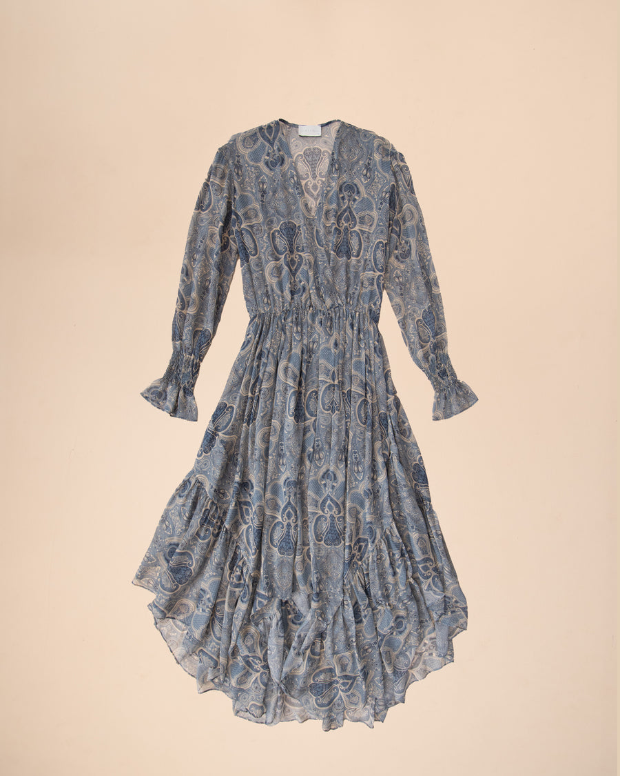The Indira Long Ruffle Printed Dress In Cielo