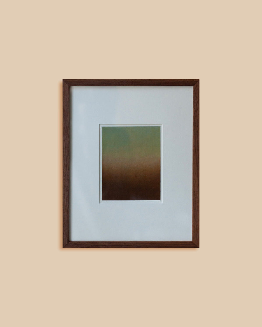 Untitled IV by Rebecca von Matérn, a small acrylic work in a walnut frame, soft olive green giving way to warm brown
