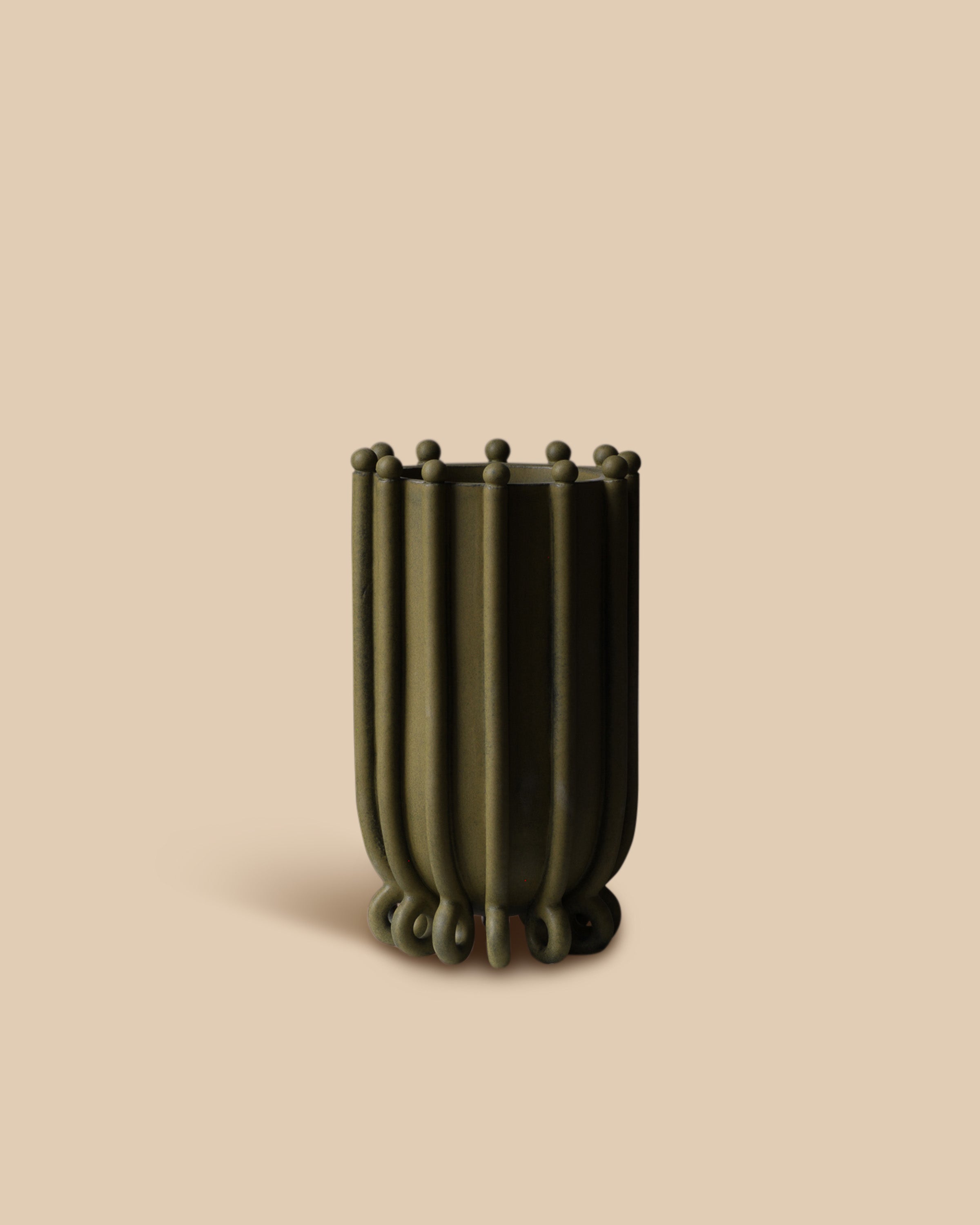 mediterranean handmade glazed green-toned unique stoneware vases with cream colored textured glazing