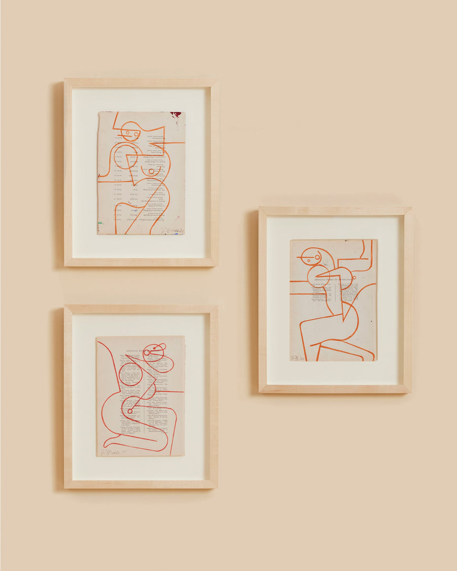 December 19 by Jessalyn Brooks, red pencil drawn over a page of vintage book text, framed in pale oak on a white mount