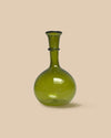 elegant hand blown artisan olive green-colored round glass decanter