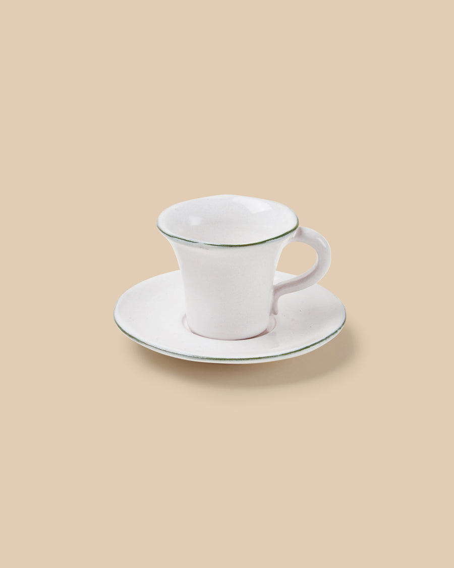 elegant white handmade dishwasher safe ceramic espresso cup and saucer set with green rim