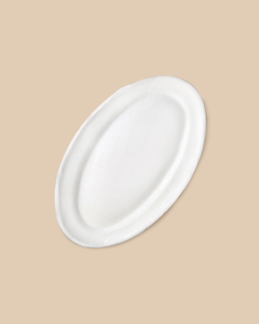 rustic handmade white dishwasher safe ceramic shallow serving platter with green rim
